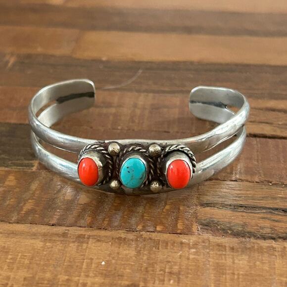 Vintage Navajo Sterling Silver Cuff Bracelet with Coral & Turquoise Cabochons - Picture 1 of 7
